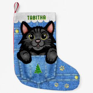 Calcetín Navideño Pequeño Gato negro en bolsillo falso de denim con nombre p