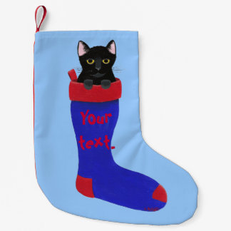 Calcetín Navideño Pequeño Gato negro en Navidades rojos y azules en pie