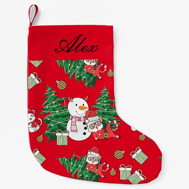 CALCETÍN NAVIDEÑO PEQUEÑO GATO PEQUEÑO CON SNOWMAN PERSONALIZADO (Anverso)
