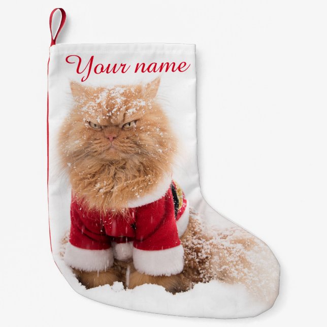 Calcetín Navideño Pequeño Gato persa con Navidades vestidos de nieve (Anverso)