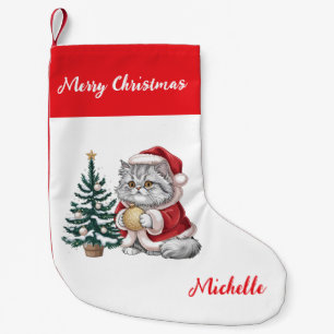 Calcetín Navideño Pequeño Gato personalizado con sombrero de Santa árbol de 