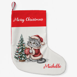 Calcetín Navideño Pequeño Gato personalizado con sombrero de Santa árbol de 