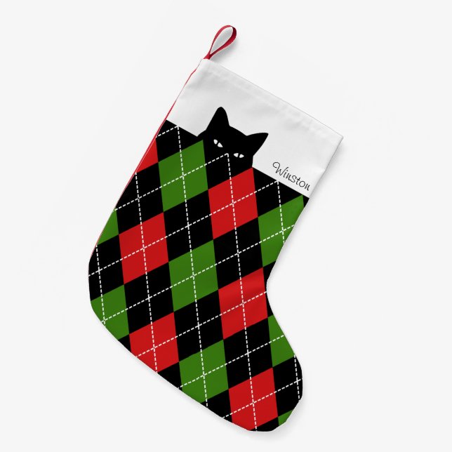 Calcetín Navideño Pequeño Gato Sigiloso Argyle Rojo Verde Negro (Frente (Colgado))
