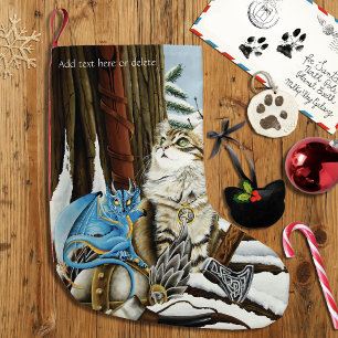 Calcetín Navideño Pequeño Gato Vikingo Fantasía Dragón Azul