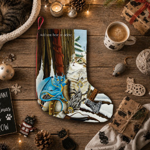 Calcetín Navideño Pequeño Gato Vikingo Fantasía Dragón Azul
