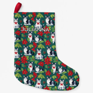 Calcetín Navideño Pequeño Gatos de Navidad y Poinsettias