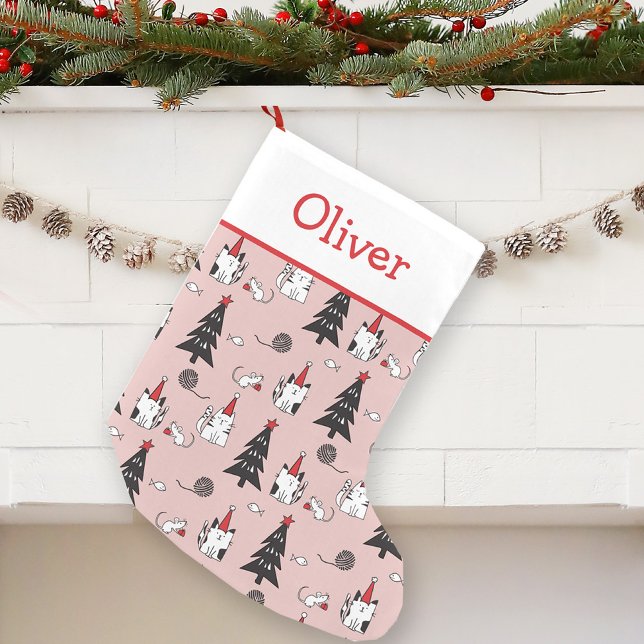 Calcetín Navideño Pequeño Gatos divertidos rosa y blanco (Subido por el creador)