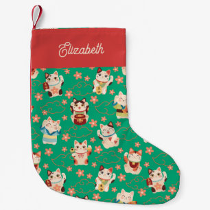 Calcetín Navideño Pequeño Gatos Maneki Neko Personalizados Afortunados 