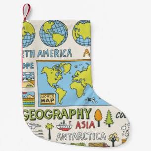 Calcetín Navideño Pequeño Geografía. Dibujado a mano. Ilustracion de época.