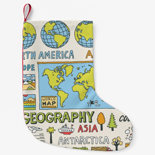 Calcetín Navideño Pequeño Geografía. Dibujado a mano. Ilustracion de época.  (Anverso)