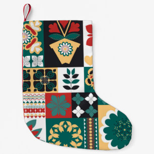 Calcetín Navideño Pequeño Geométrica Mexicana: Ornamento Verde Rojo.