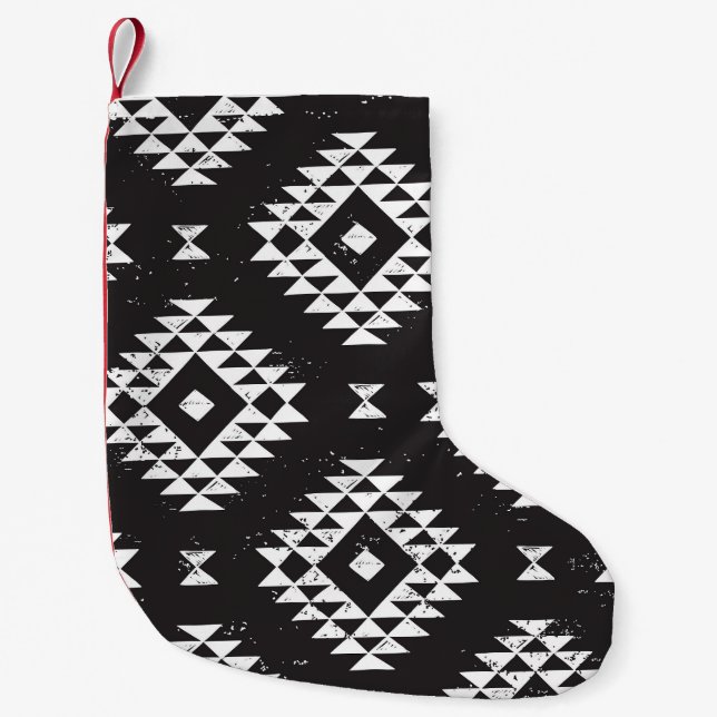 Calcetín Navideño Pequeño Geométrica Navajo: Tribal Blanco Negro. (Anverso)