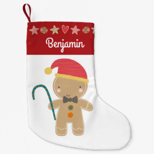 Calcetín Navideño Pequeño Gingerbread Boy Holiday Cookie Red Border Name