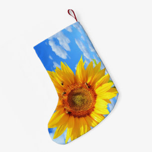 Calcetín Navideño Pequeño Girasol amarillo y abejas en el cielo azul - veran