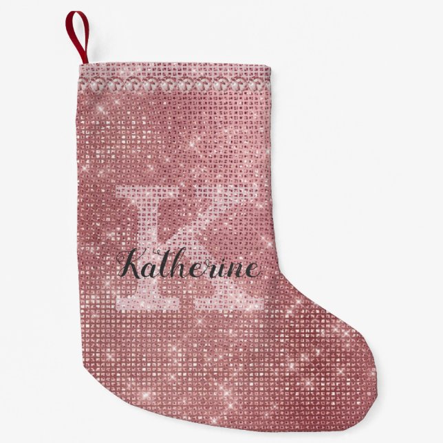 Calcetín Navideño Pequeño Girly Dusty Rosa Gold Sparkle Fun Holiday Monogram (Anverso)