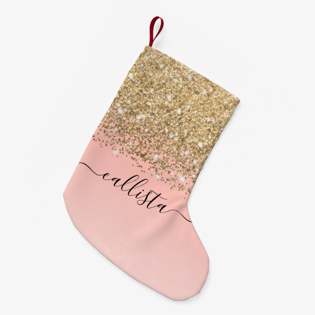 Calcetín Navideño Pequeño Giro Moda Oro Confetti Gradiente Rosa Ombre (Frente (Colgado))