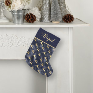 Calcetín Navideño Pequeño Glam Azul Marino Dorado Patrón Reno Personalizado