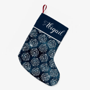 Calcetín Navideño Pequeño Glam Azul Marino Plata Damask Personalizado