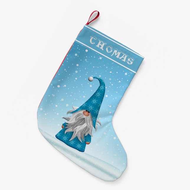 Calcetín Navideño Pequeño Gnome en Blue Suit (Frente (Colgado))