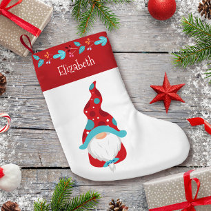 Calcetín Navideño Pequeño Gnome Red Moderno Leaf Border Nombre Cute