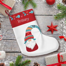 Calcetín Navideño Pequeño Gnome Simple Moderno Leaf Border Nombre Cute