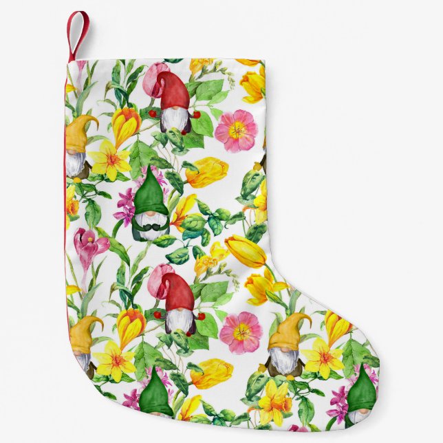 Calcetín Navideño Pequeño gnomos escandinavos: acuarela floral de primavera. (Anverso)