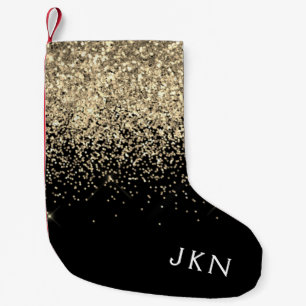 Calcetín Navideño Pequeño Gold Black Girly Purpurina Sparkle Monograma Nombr