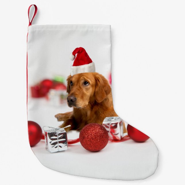 Calcetín Navideño Pequeño Golden Retriever Dog W Red Santa Hat (Anverso)