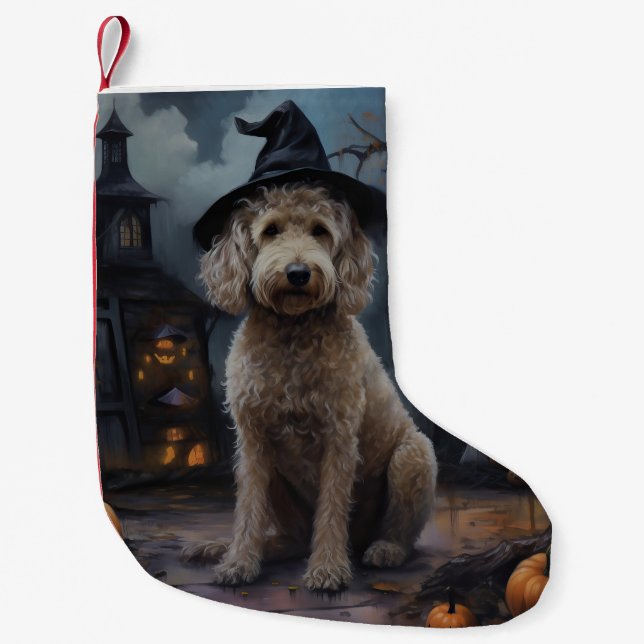 Calcetín Navideño Pequeño Goldendoodle Pumpkins Halloween Scary (Anverso)