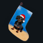 Calcetín Navideño Pequeño Gorra De Dachshund Dog On Beach Navidades<br><div class="desc">Una idea de regalo para Navidades perfectos para alguien que ama un Dachshund ,  Un regalo perfecto para tu amigo,  familia o cualquier persona que ame esta raza de perro.</div>
