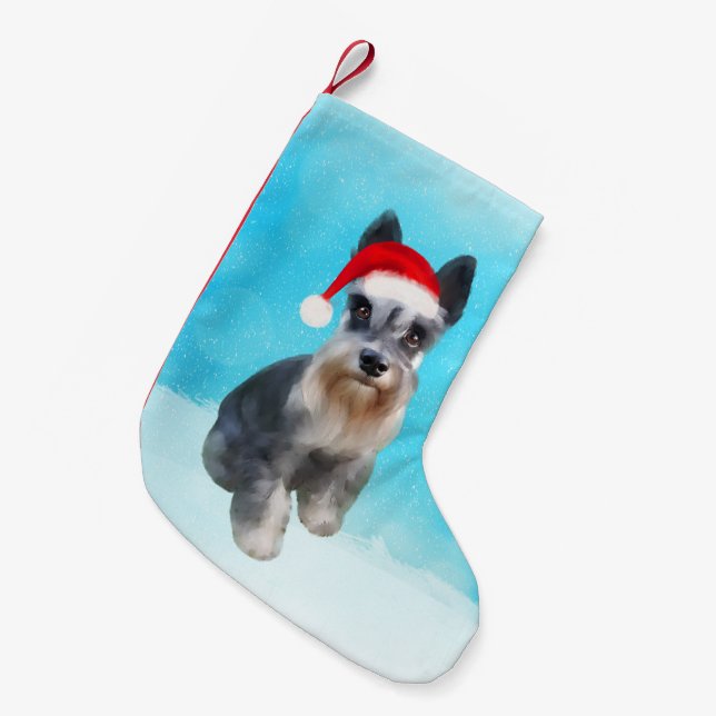 Calcetín Navideño Pequeño Gorra De Navidades De Nieve En Ministra Schnauzer  (Frente (Colgado))