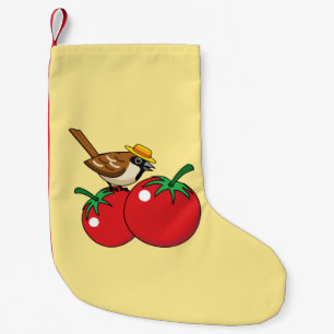Calcetín Navideño Pequeño Gorrión Amante Orgánico Comiendo Tomate Rojo