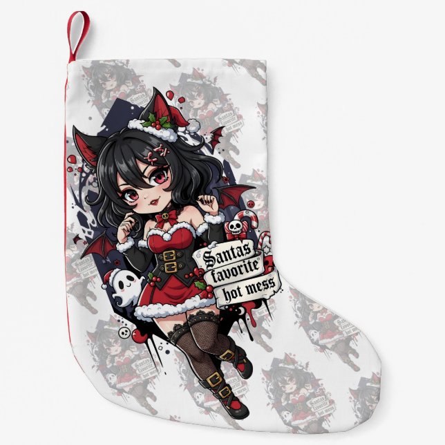 Calcetín Navideño Pequeño Goth Devil Chibi Girl Christmas Hot Mess (Anverso)