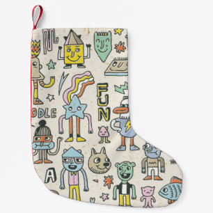 Calcetín Navideño Pequeño Graciosos Caracteres De Doodle Wacky Set 2. Vintag