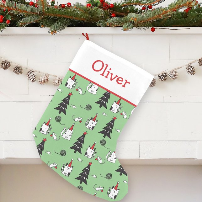 Calcetín Navideño Pequeño Graciosos gatos verdes y blancos (Subido por el creador)