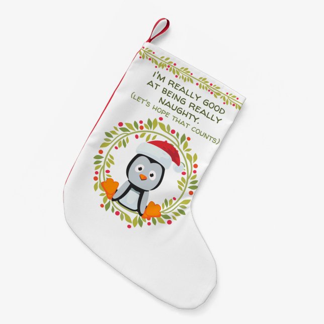 Calcetín Navideño Pequeño Graciosos Navidades pingüinos en ser traviesos (Frente (Colgado))