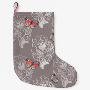 Calcetín Navideño Pequeño Gráfico de flores y mariposa, acuarela, patrón 