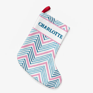 Calcetín Navideño Pequeño Gran Chevron Zag en Rosa + Aqua Personalizado