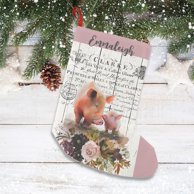 Calcetín Navideño Pequeño Granja Floral Duroc Cerdos (Subido por el creador)