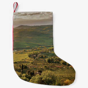 Calcetín Navideño Pequeño Granjas rurales italianas, puesta de sol toscana.