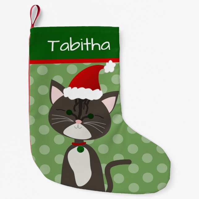 Calcetín Navideño Pequeño Gray Tabby Santa Kitty (Anverso)