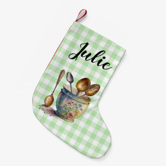 Calcetín Navideño Pequeño "Green and White Checkered - Spoons in Cup