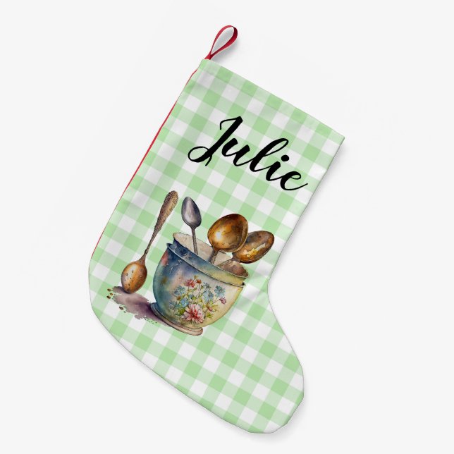 Calcetín Navideño Pequeño "Green and White Checkered - Spoons in Cup (Frente (Colgado))