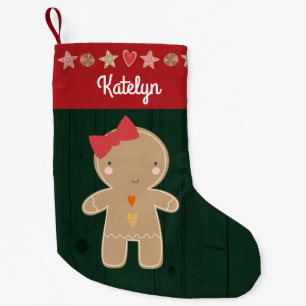 Calcetín Navideño Pequeño Green Gingerbread Chica Holiday Nombre Rustic Cute