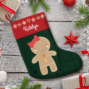 Calcetín Navideño Pequeño Green Gingerbread Chica Holiday Nombre Rustic Cute