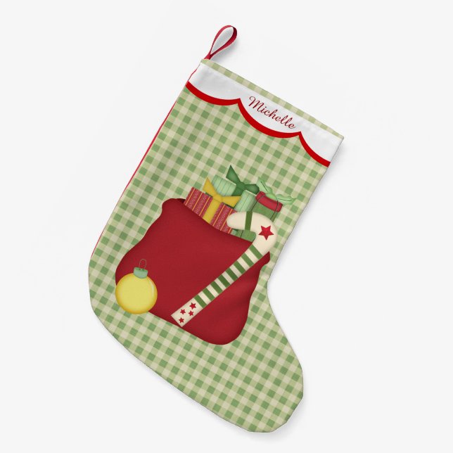 Calcetín Navideño Pequeño Green Gingham Holiday Toy Sack Personalizado (Frente (Colgado))
