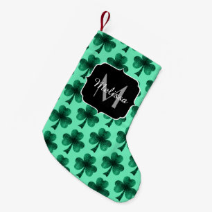 Calcetín Navideño Pequeño Green Sparkles Shamrock St. Patrick' Day Monograma
