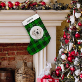 Calcetín Navideño Pequeño Green Tartan Plaid Winter Wreath Pet Dog Photo