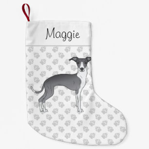 Calcetín Navideño Pequeño Greyhound Italiano Azul Y Blanco Con Nombre Person