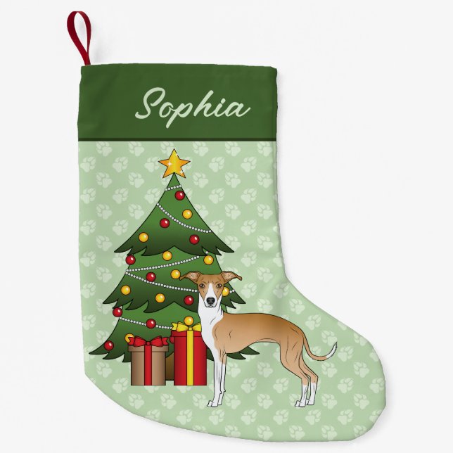 Calcetín Navideño Pequeño Greyhound Italiano Blanco Y Árbol De Navidad (Anverso)